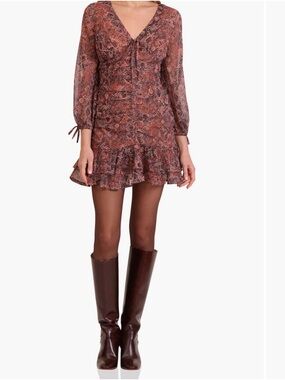 Avec Les Filles Rust Brown Snake-Print Ruffle Mini Dress